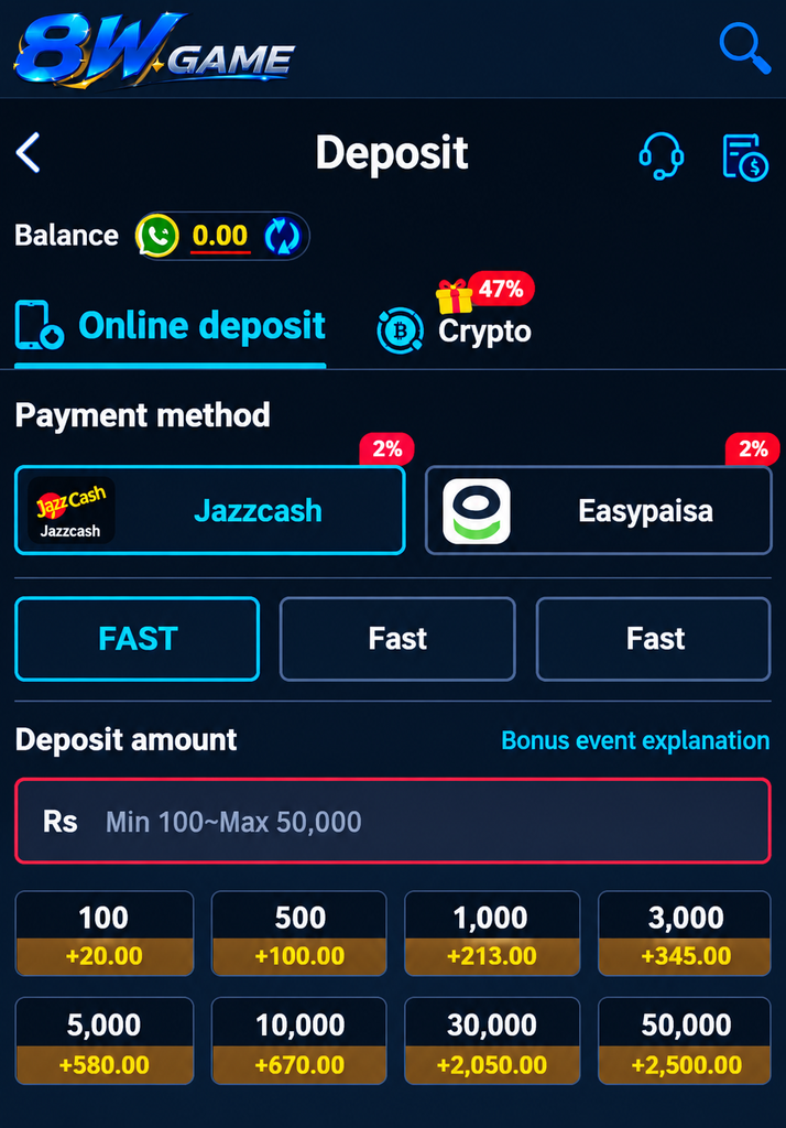 8W Game Deposit Method Jazzcash Easypaisa minimum 100
