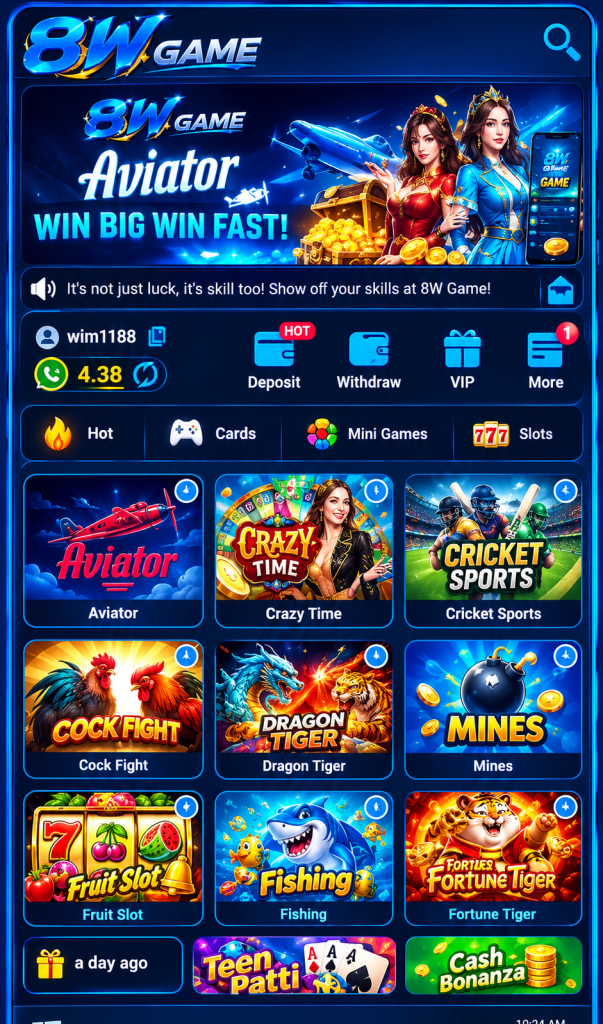 8W Game Home Screen showing Aviator Ludo and Casino games