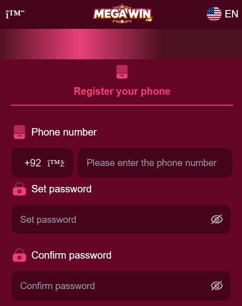 Mega Win Game register screen to create new account with phone number