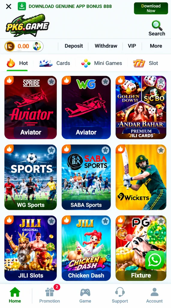 PK6 Game Casino Collection includes Aviator, WG Sports, SABA Sports, JILI Slots, and PG Slots